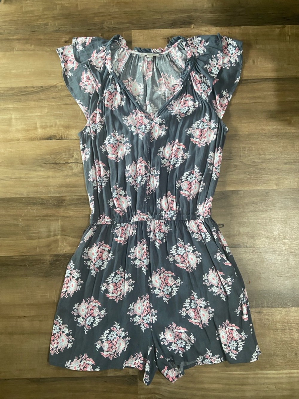 LOFT Charcoal Romper with Pink & White Floral Print